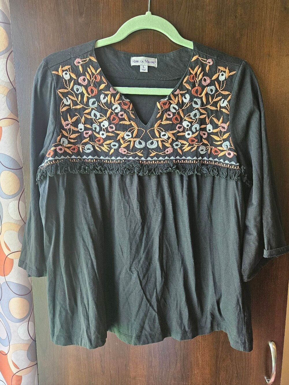 Rebecca Malone Black Embroidered Long Sleeve Blouse Size Large